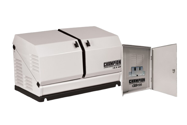 1st Choice technician installing a Champion Power Equipment natural gas generator for entire home backup power, with a free quote available for installation services