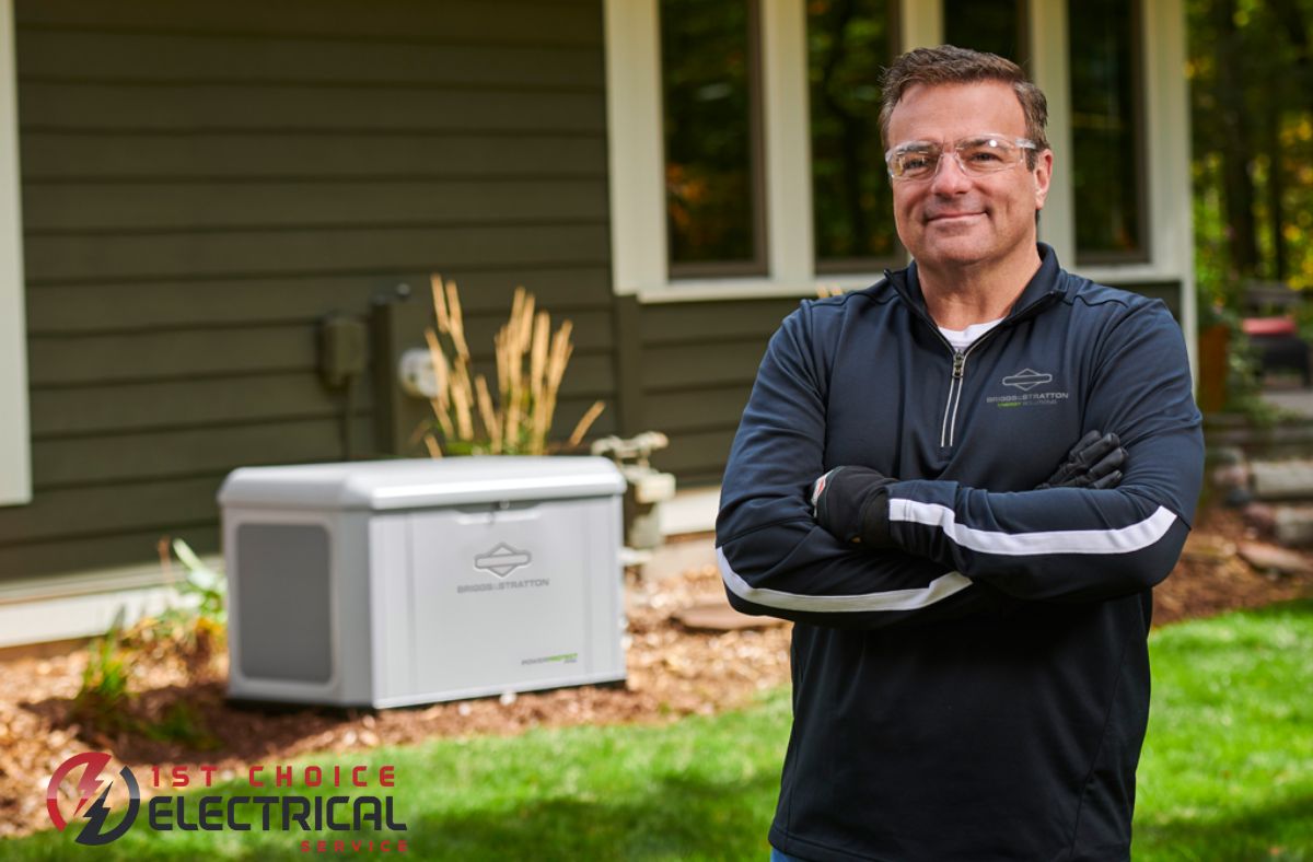 Certified dealer installing Briggs & Stratton generators in the proper location beside a residential property for safe standby power operation