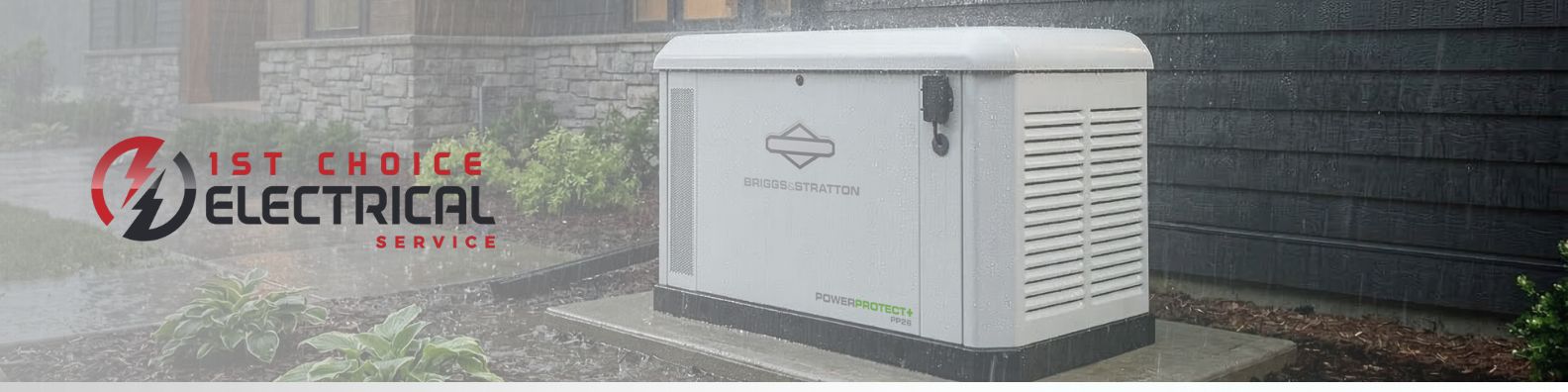 1st Choice Briggs & Stratton Banner Briggs & Stratton home standby generator running on natural gas, providing enough power for reliable whole-home backup.