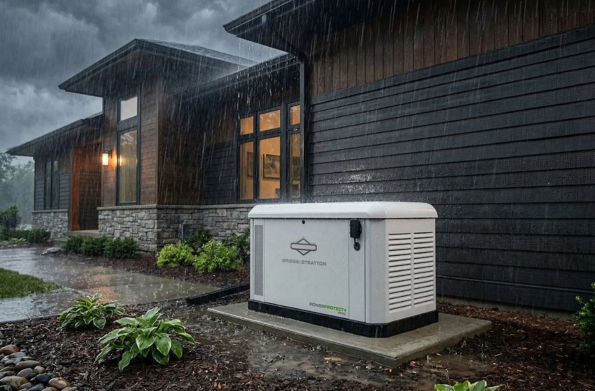Briggs & Stratton Generator Installed at a Jamestown home Certified dealer installing Briggs & Stratton generators in the proper location beside a residential property for safe standby power operation